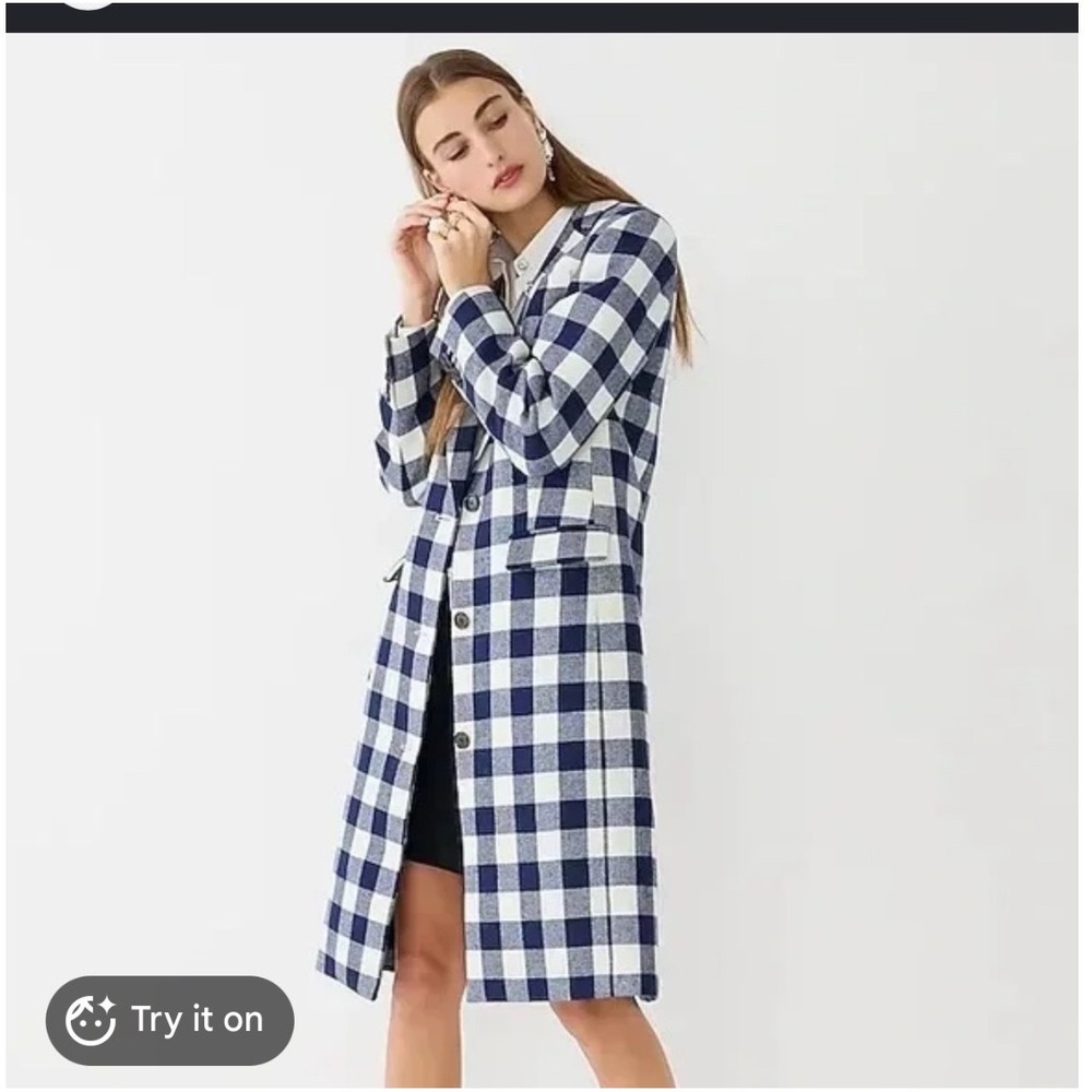 J. Crew Alfie Topcoat Italian Wool Blend Navy White Gingham Check Size 4